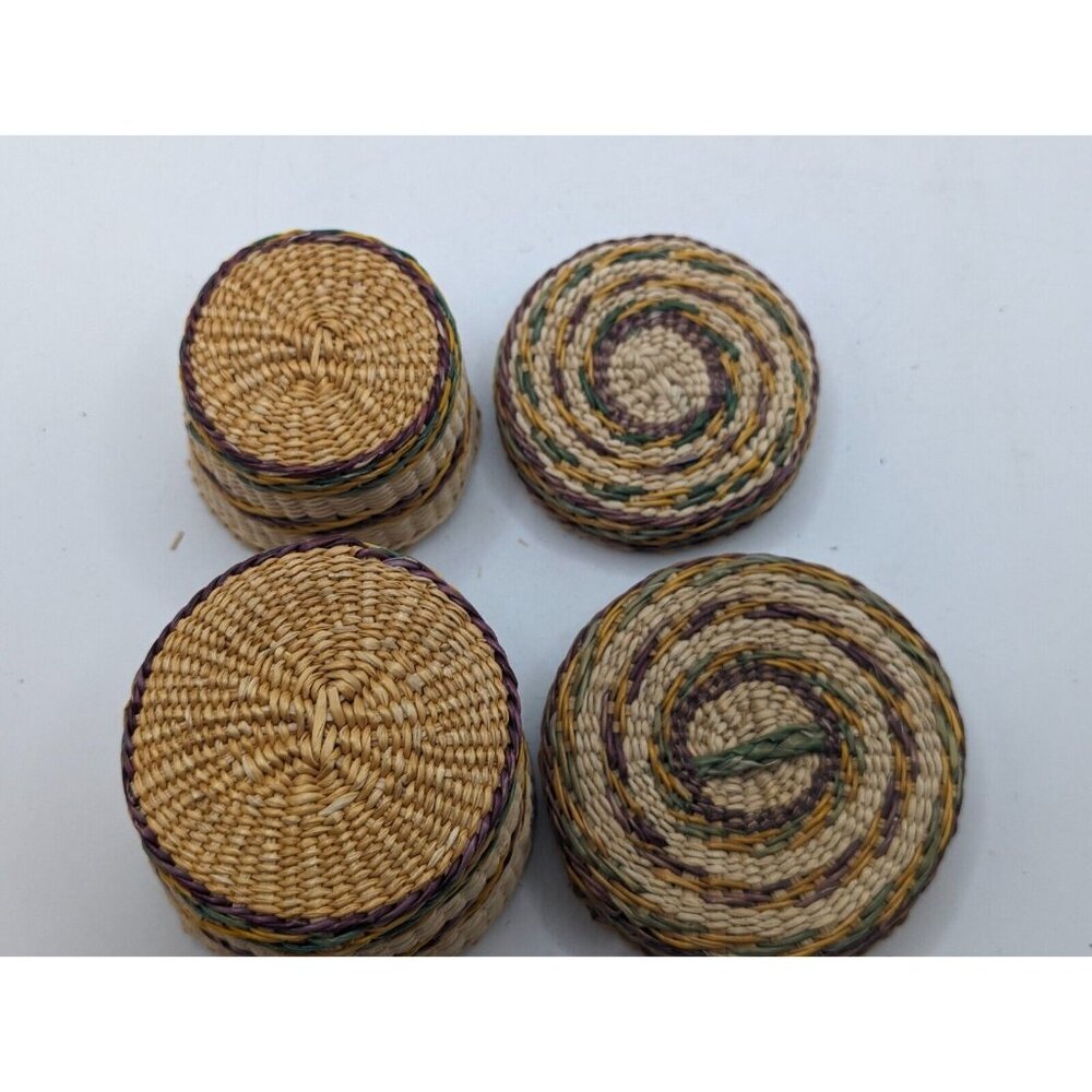Hand Woven Basket w Lid - Wicker Ethnic Grass Straw Boho Tiny - Green Yellow - Picture 9 of 12